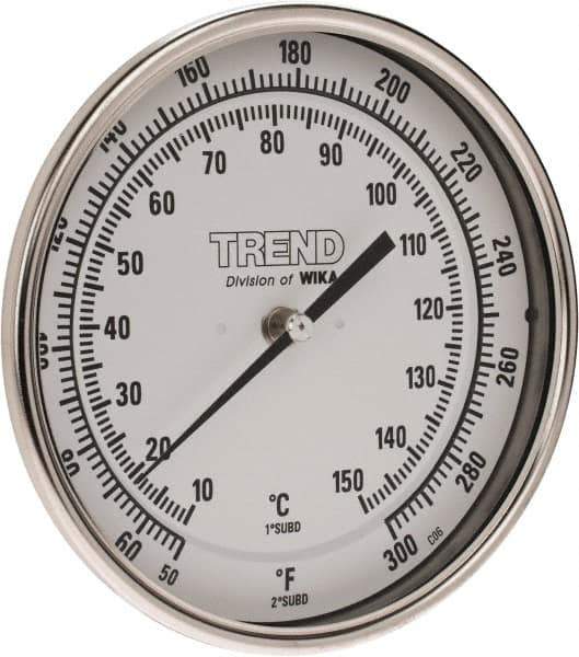 Wika - 6 Inch Long Stem, 5 Inch Dial Diameter, Stainless Steel, Back Connected Bi-Metal Thermometer - 10 to 150°C, 1% Accuracy - USA Tool & Supply