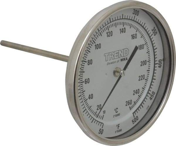 Wika - 6 Inch Long Stem, 5 Inch Dial Diameter, Stainless Steel, Back Connected Bi-Metal Thermometer - 10 to 260°C, 1% Accuracy - USA Tool & Supply