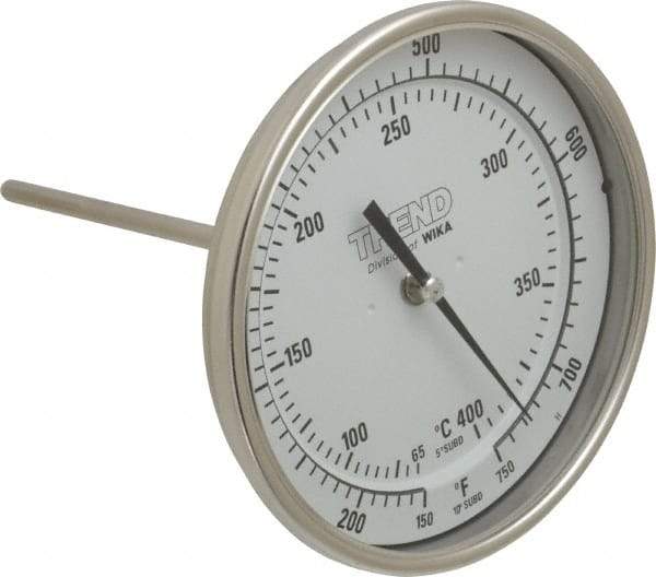 Wika - 6 Inch Long Stem, 5 Inch Dial Diameter, Stainless Steel, Back Connected Bi-Metal Thermometer - 65 to 400°C, 1% Accuracy - USA Tool & Supply
