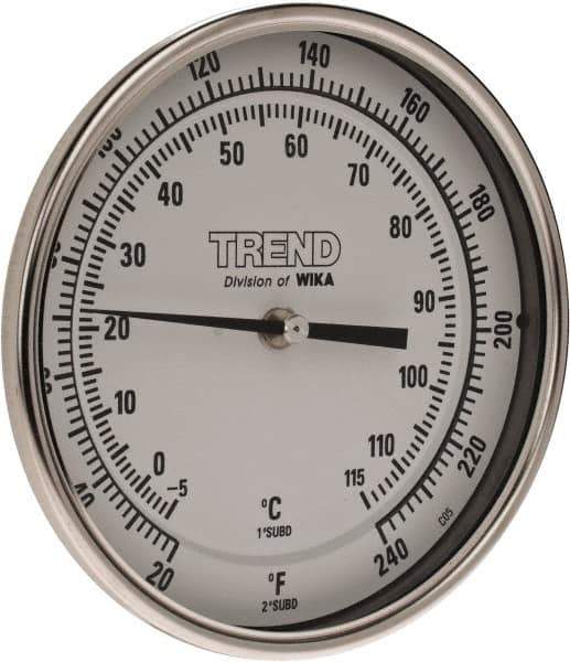 Wika - 9 Inch Long Stem, 5 Inch Dial Diameter, Stainless Steel, Back Connected Bi-Metal Thermometer - -5 to 115°C, 1% Accuracy - USA Tool & Supply