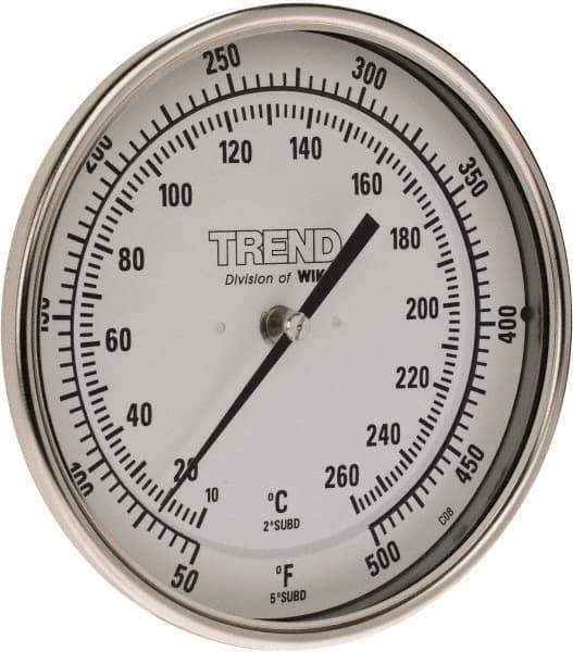 Wika - 9 Inch Long Stem, 5 Inch Dial Diameter, Stainless Steel, Back Connected Bi-Metal Thermometer - 10 to 260°C, 1% Accuracy - USA Tool & Supply