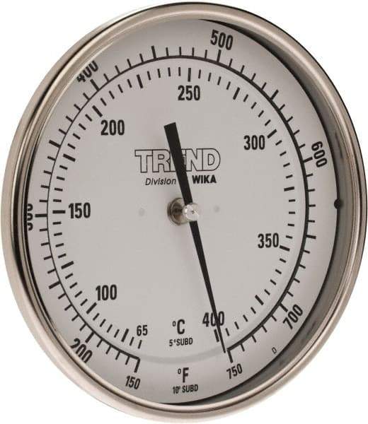 Wika - 9 Inch Long Stem, 5 Inch Dial Diameter, Stainless Steel, Back Connected Bi-Metal Thermometer - 65 to 400°C, 1% Accuracy - USA Tool & Supply