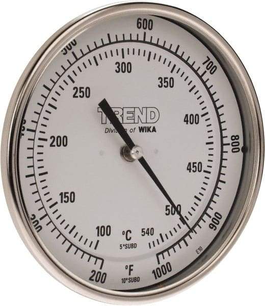 Wika - 9 Inch Long Stem, 5 Inch Dial Diameter, Stainless Steel, Back Connected Bi-Metal Thermometer - 100 to 540°C, 1% Accuracy - USA Tool & Supply