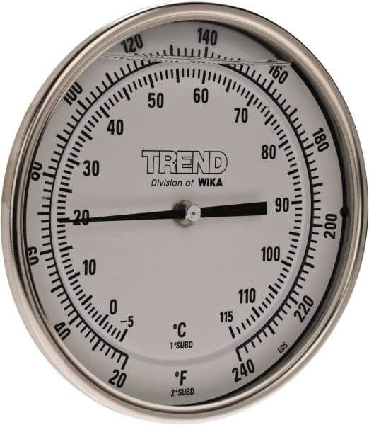 Wika - 6 Inch Long Stem, 5 Inch Dial Diameter, Stainless Steel, Back Connected Bi-Metal Thermometer - -5 to 115°C, 1% Accuracy - USA Tool & Supply