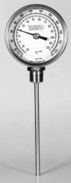 Wika - 9 Inch Long Stem, Stainless Steel, Bottom Connected Bi-Metal Thermometer - -5 to 115°C, 1% Accuracy - USA Tool & Supply