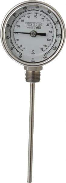 Wika - 6 Inch Long Stem, 3 Inch Dial Diameter, Stainless Steel, Bottom Connected Bi-Metal Thermometer - -5 to 115°C, 1% Accuracy - USA Tool & Supply