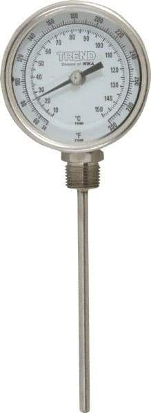 Wika - 6 Inch Long Stem, 3 Inch Dial Diameter, Stainless Steel, Bottom Connected Bi-Metal Thermometer - 10 to 150°C, 1% Accuracy - USA Tool & Supply