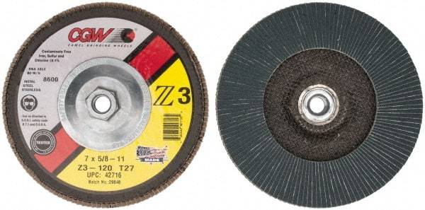 Camel Grinding Wheels - 120 Grit, 7" Disc Diam, 5/8-11 Center Hole, Type 27 Zirconia Alumina Flap Disc - 8,600 Max RPM, Poly Cotton Backing, Arbor Attaching System, Coated - USA Tool & Supply
