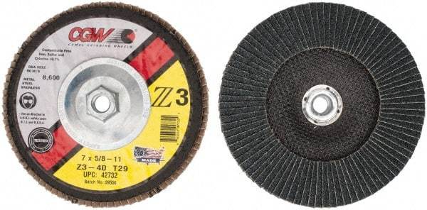 Camel Grinding Wheels - 40 Grit, 7" Disc Diam, 5/8-11 Center Hole, Type 29 Zirconia Alumina Flap Disc - 8,600 Max RPM, Poly Cotton Backing, Arbor Attaching System, Coated - USA Tool & Supply
