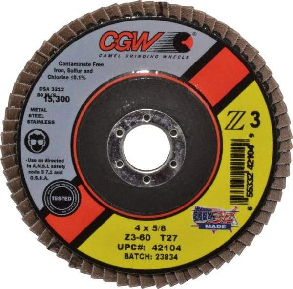 Camel Grinding Wheels - 60 Grit, 4" Disc Diam, 5/8" Center Hole, Type 27 Zirconia Alumina Flap Disc - 15,300 Max RPM, Poly Cotton Backing, Arbor Attaching System, Coated - USA Tool & Supply