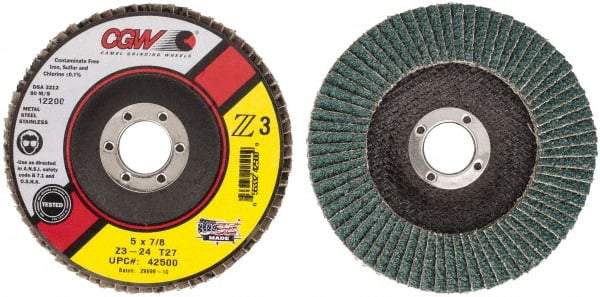 Camel Grinding Wheels - 24 Grit, 5" Disc Diam, 7/8" Center Hole, Type 27 Zirconia Alumina Flap Disc - 12,200 Max RPM, Poly Cotton Backing, Arbor Attaching System, Coated - USA Tool & Supply