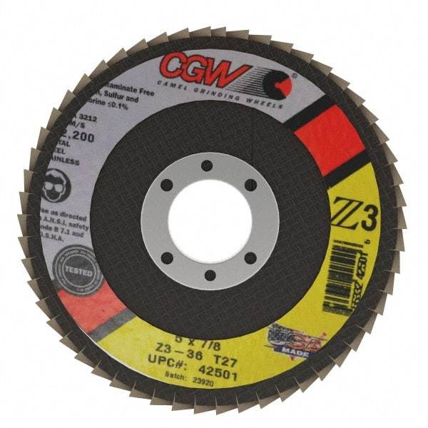 Camel Grinding Wheels - 36 Grit, 5" Disc Diam, 7/8" Center Hole, Type 27 Zirconia Alumina Flap Disc - 12,200 Max RPM, Poly Cotton Backing, Arbor Attaching System, Coated - USA Tool & Supply