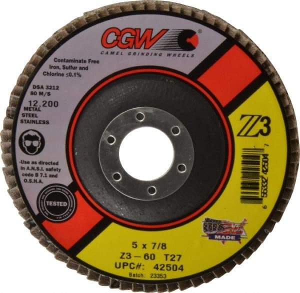 Camel Grinding Wheels - 60 Grit, 5" Disc Diam, 7/8" Center Hole, Type 27 Zirconia Alumina Flap Disc - 12,200 Max RPM, Poly Cotton Backing, Arbor Attaching System, Coated - USA Tool & Supply