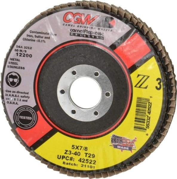 Camel Grinding Wheels - 40 Grit, 5" Disc Diam, 7/8" Center Hole, Type 29 Zirconia Alumina Flap Disc - 12,200 Max RPM, Poly Cotton Backing, Arbor Attaching System, Coated - USA Tool & Supply