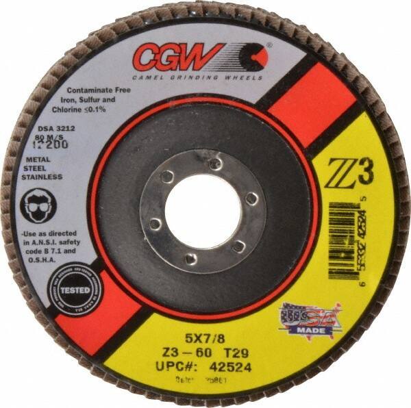 Camel Grinding Wheels - 60 Grit, 5" Disc Diam, 7/8" Center Hole, Type 29 Zirconia Alumina Flap Disc - 12,200 Max RPM, Poly Cotton Backing, Arbor Attaching System, Coated - USA Tool & Supply