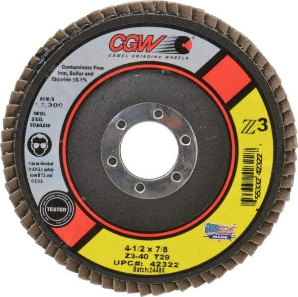 Camel Grinding Wheels - 40 Grit, 4-1/2" Disc Diam, 7/8" Center Hole, Type 29 Zirconia Alumina Flap Disc - 13,300 Max RPM, Poly Cotton Backing, Arbor Attaching System, Coated - USA Tool & Supply