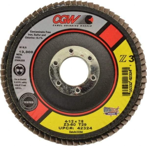 Camel Grinding Wheels - 60 Grit, 4-1/2" Disc Diam, 7/8" Center Hole, Type 29 Zirconia Alumina Flap Disc - 13,300 Max RPM, Poly Cotton Backing, Arbor Attaching System, Coated - USA Tool & Supply
