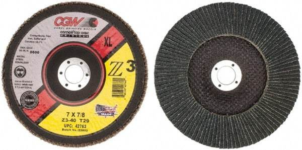 Camel Grinding Wheels - 40 Grit, 7" Disc Diam, 7/8" Center Hole, Type 29 Zirconia Alumina Flap Disc - 8,600 Max RPM, Poly Cotton Backing, Arbor Attaching System, Coated - USA Tool & Supply