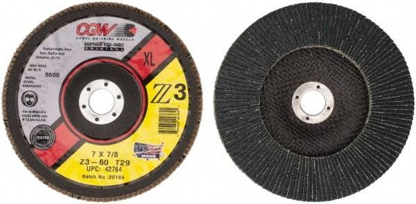 Camel Grinding Wheels - 60 Grit, 7" Disc Diam, 7/8" Center Hole, Type 29 Zirconia Alumina Flap Disc - 8,600 Max RPM, Poly Cotton Backing, Arbor Attaching System, Coated - USA Tool & Supply