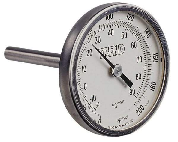 Wika - 9 Inch Long Stem, 2 Inch Dial Diameter, Stainless Steel, Back Connected Bi-Metal Thermometer - -20 to 60°C, 1% Accuracy - USA Tool & Supply