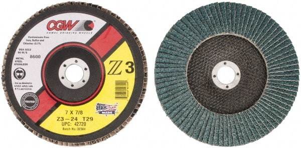 Camel Grinding Wheels - 24 Grit, 7" Disc Diam, 7/8" Center Hole, Type 29 Zirconia Alumina Flap Disc - 8,600 Max RPM, Poly Cotton Backing, Arbor Attaching System, Coated - USA Tool & Supply