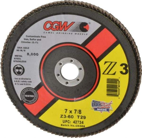 Camel Grinding Wheels - 60 Grit, 7" Disc Diam, 7/8" Center Hole, Type 29 Zirconia Alumina Flap Disc - 8,600 Max RPM, Poly Cotton Backing, Arbor Attaching System, Coated - USA Tool & Supply