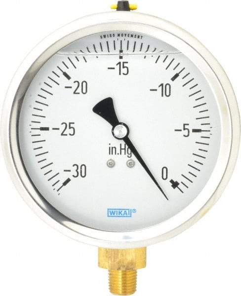 Wika - 4" Dial, 1/4 Thread, 30-0 Scale Range, Pressure Gauge - Lower Connection Mount, Accurate to 1% of Scale - USA Tool & Supply