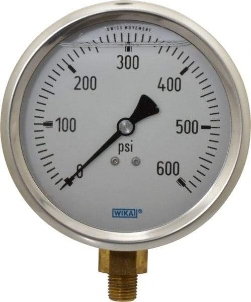 Wika - 4" Dial, 1/4 Thread, 0-600 Scale Range, Pressure Gauge - Lower Connection Mount, Accurate to 1% of Scale - USA Tool & Supply