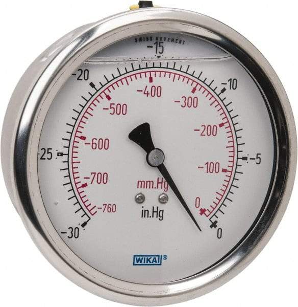 Wika - 4" Dial, 1/4 Thread, 30-0 Scale Range, Pressure Gauge - Lower Back Connection Mount, Accurate to 1% of Scale - USA Tool & Supply