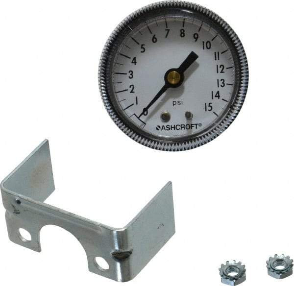 Ashcroft - 2" Dial, 1/4 Thread, 0-15 Scale Range, Pressure Gauge - Center Back Connection Mount - USA Tool & Supply