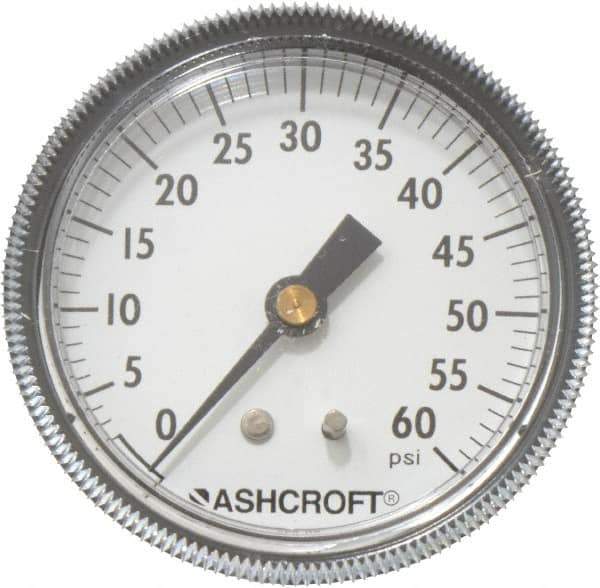 Ashcroft - 2-1/2" Dial, 1/4 Thread, 0-60 Scale Range, Pressure Gauge - Center Back Connection Mount - USA Tool & Supply