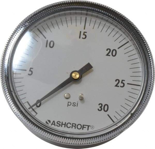 Ashcroft - 3-1/2" Dial, 1/4 Thread, 0-30 Scale Range, Pressure Gauge - Center Back Connection Mount - USA Tool & Supply