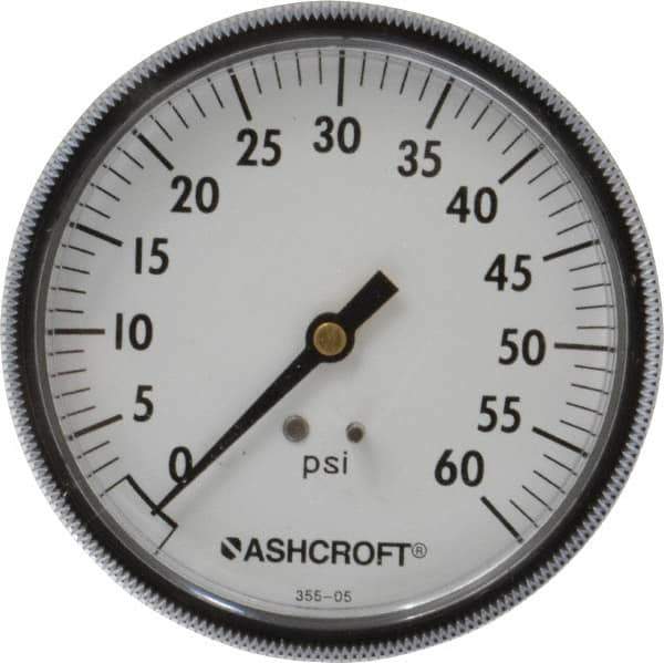 Ashcroft - 3-1/2" Dial, 1/4 Thread, 0-60 Scale Range, Pressure Gauge - Center Back Connection Mount - USA Tool & Supply