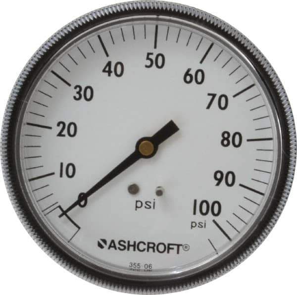 Ashcroft - 3-1/2" Dial, 1/4 Thread, 0-100 Scale Range, Pressure Gauge - Center Back Connection Mount - USA Tool & Supply