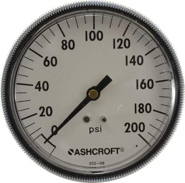 Ashcroft - 3-1/2" Dial, 1/4 Thread, 0-200 Scale Range, Pressure Gauge - Center Back Connection Mount - USA Tool & Supply