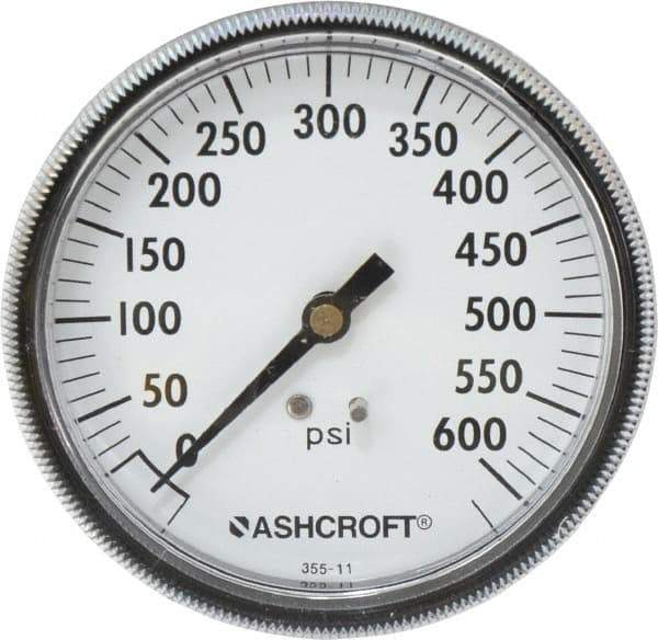 Ashcroft - 3-1/2" Dial, 1/4 Thread, 0-600 Scale Range, Pressure Gauge - Center Back Connection Mount - USA Tool & Supply