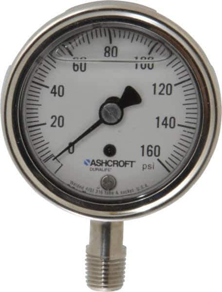 Ashcroft - 2-1/2" Dial, 1/4 Thread, 0-160 Scale Range, Pressure Gauge - Lower Connection Mount, Accurate to 1% of Scale - USA Tool & Supply