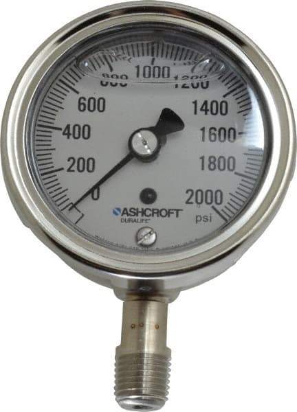 Ashcroft - 2-1/2" Dial, 1/4 Thread, 0-2,000 Scale Range, Pressure Gauge - Lower Connection Mount, Accurate to 1% of Scale - USA Tool & Supply
