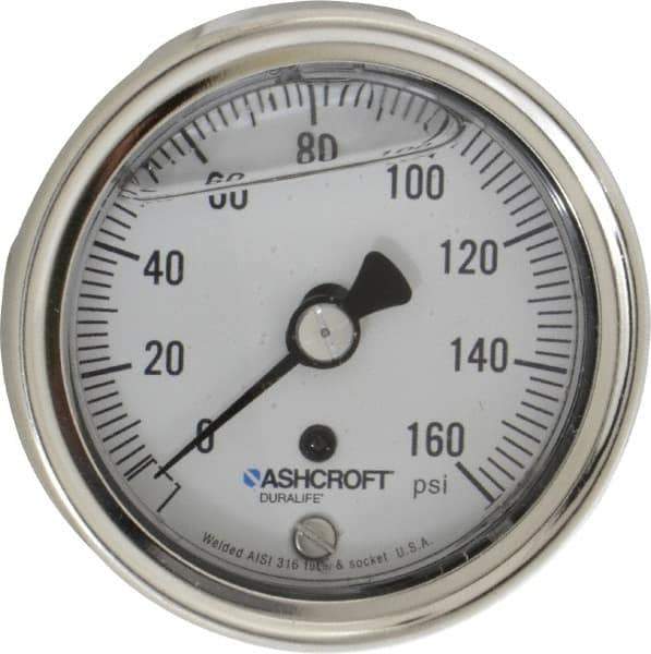 Ashcroft - 2-1/2" Dial, 1/4 Thread, 0-160 Scale Range, Pressure Gauge - Center Back Connection Mount, Accurate to 1% of Scale - USA Tool & Supply