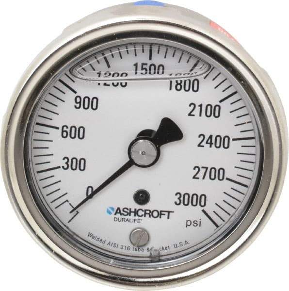 Ashcroft - 2-1/2" Dial, 1/4 Thread, 0-3,000 Scale Range, Pressure Gauge - Center Back Connection Mount, Accurate to 1% of Scale - USA Tool & Supply