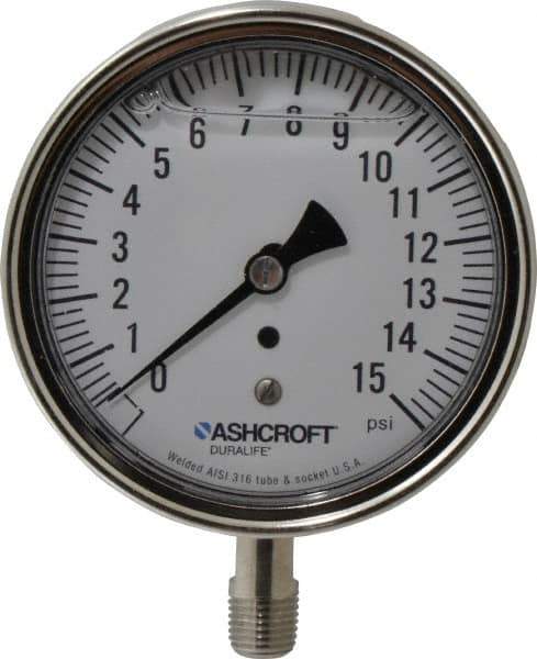 Ashcroft - 3-1/2" Dial, 1/4 Thread, 0-15 Scale Range, Pressure Gauge - Lower Connection Mount, Accurate to 1% of Scale - USA Tool & Supply