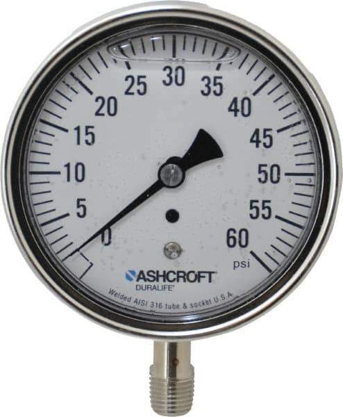 Ashcroft - 3-1/2" Dial, 1/4 Thread, 0-60 Scale Range, Pressure Gauge - Lower Connection Mount, Accurate to 1% of Scale - USA Tool & Supply