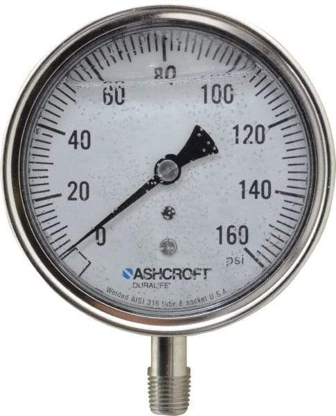 Ashcroft - 3-1/2" Dial, 1/4 Thread, 0-160 Scale Range, Pressure Gauge - Lower Connection Mount, Accurate to 1% of Scale - USA Tool & Supply