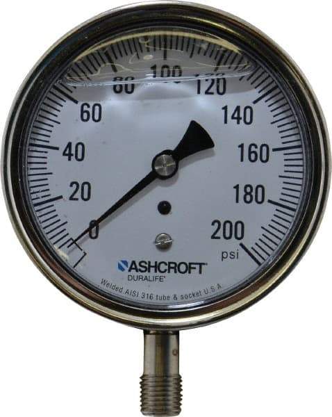 Ashcroft - 3-1/2" Dial, 1/4 Thread, 0-200 Scale Range, Pressure Gauge - Lower Connection Mount, Accurate to 1% of Scale - USA Tool & Supply