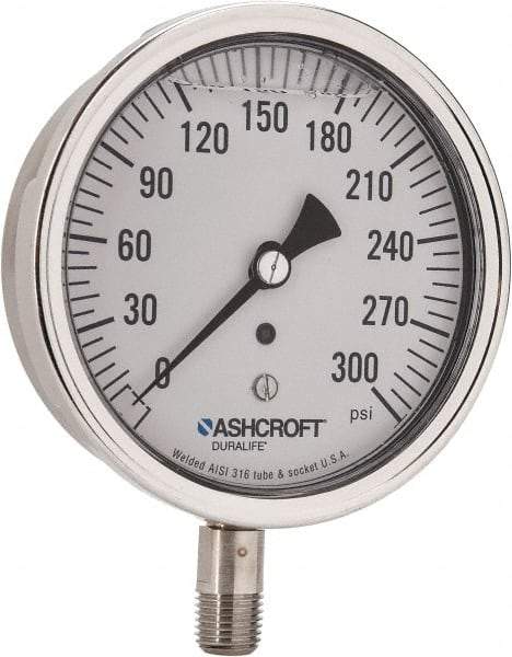 Ashcroft - 3-1/2" Dial, 1/4 Thread, 0-300 Scale Range, Pressure Gauge - Lower Connection Mount, Accurate to 1% of Scale - USA Tool & Supply