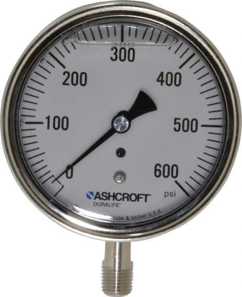 Ashcroft - 3-1/2" Dial, 1/4 Thread, 0-600 Scale Range, Pressure Gauge - Lower Connection Mount, Accurate to 1% of Scale - USA Tool & Supply