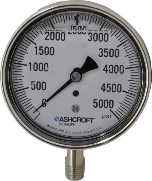 Ashcroft - 3-1/2" Dial, 1/4 Thread, 0-5,000 Scale Range, Pressure Gauge - Lower Connection Mount, Accurate to 1% of Scale - USA Tool & Supply