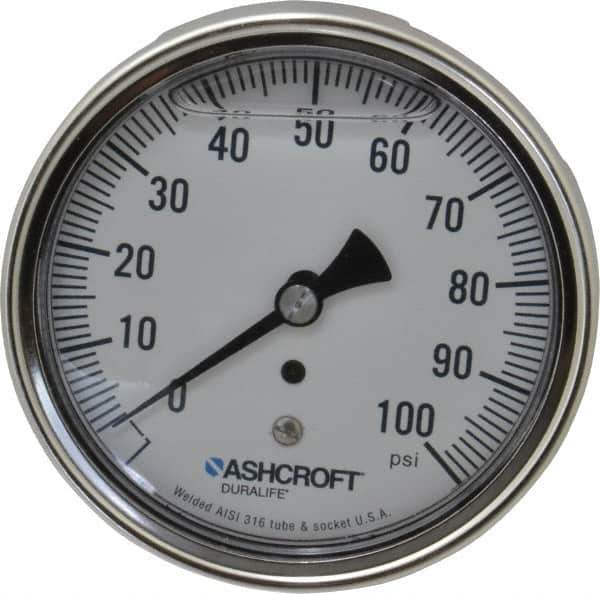 Ashcroft - 3-1/2" Dial, 1/4 Thread, 0-100 Scale Range, Pressure Gauge - Center Back Connection Mount, Accurate to 1% of Scale - USA Tool & Supply