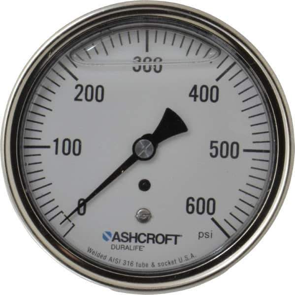 Ashcroft - 3-1/2" Dial, 1/4 Thread, 0-600 Scale Range, Pressure Gauge - Center Back Connection Mount, Accurate to 1% of Scale - USA Tool & Supply