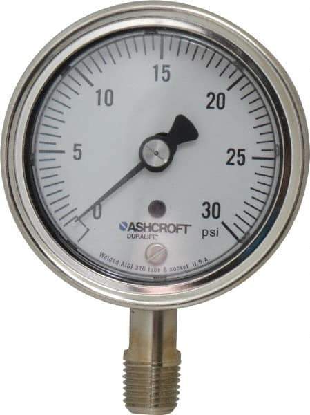 Ashcroft - 2-1/2" Dial, 1/4 Thread, 0-30 Scale Range, Pressure Gauge - Lower Connection Mount, Accurate to 1% of Scale - USA Tool & Supply
